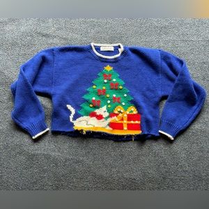 Karen Scott Knit Cropped Christmas Kitten Sweater